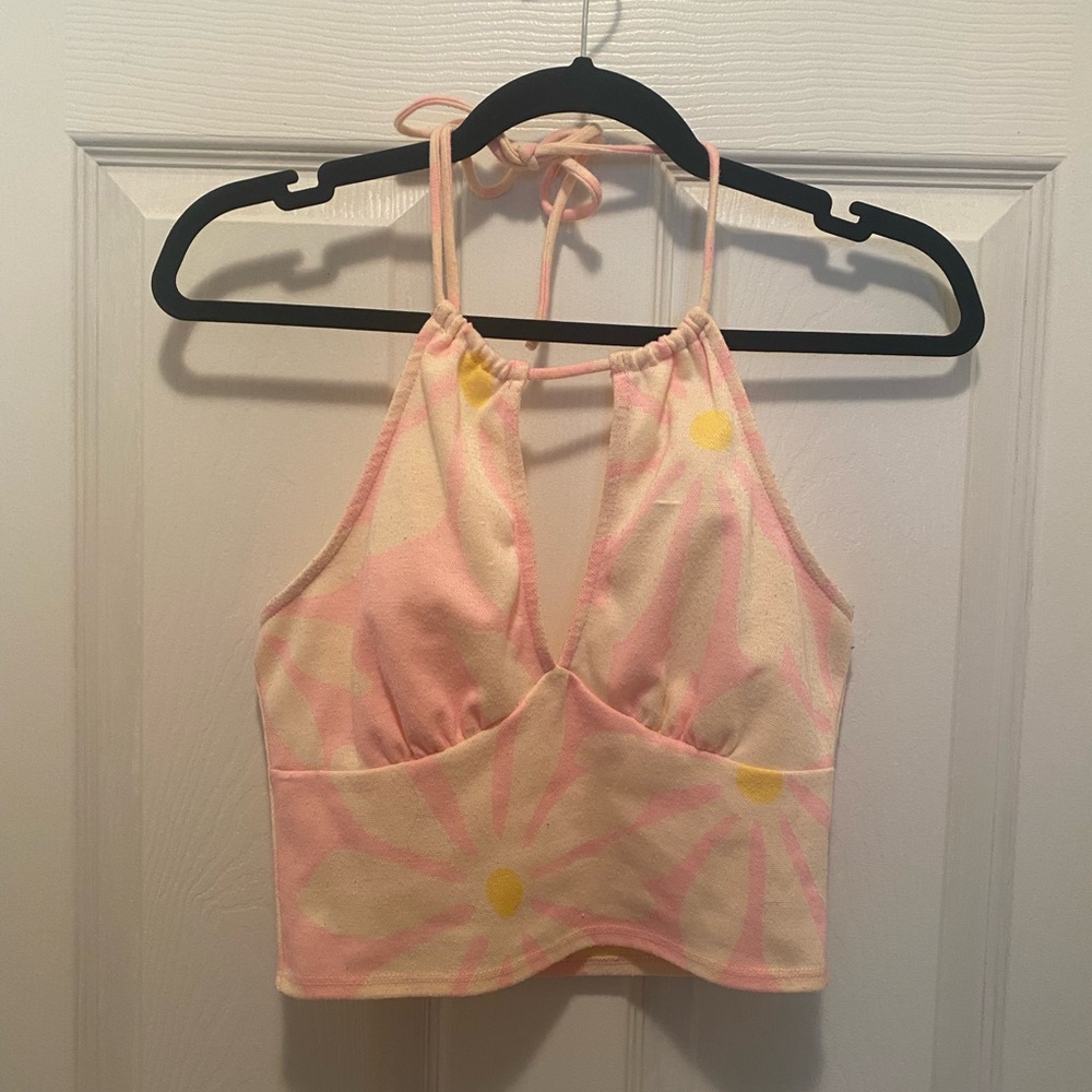 Forever 21 Pink and Yellow Floral Halter Top